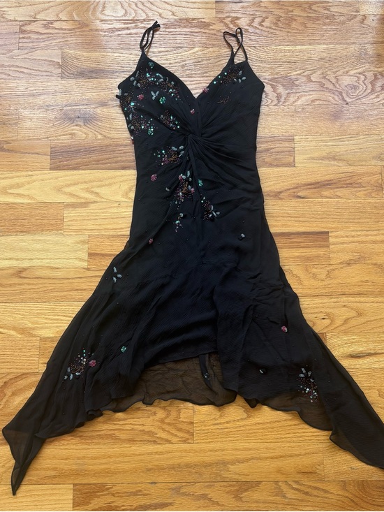 Sue Wong Dresses & Skirts - Sue Wong Black Silk Handkerchief-Hem Dress with floral Beading